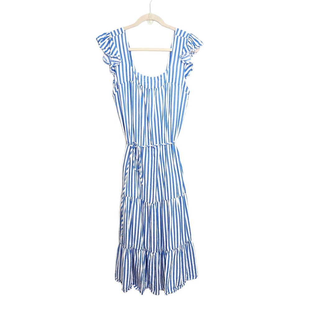 Draper James RSVP Women Medium Blue White Striped Flutter Sleeve Midi Sun Dress